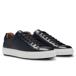 Hugo Boss: BURNISHED-LEATHER LOW-PROFILE TRAINERS WITH RUBBER SOLE (9 M)
